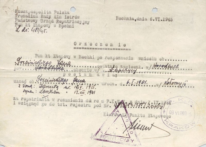 KKE 6088.jpg - Dok. Orzeczenie stwierdzające status repatrianta dla Jana Trzcińskiego, Bochnia, 6 VI 1945 r.